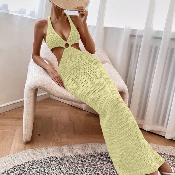 Yellow Sexy Women's Vacation Side Cutout Halter Lace-Up Knitted Dress - Picture 1 of 8